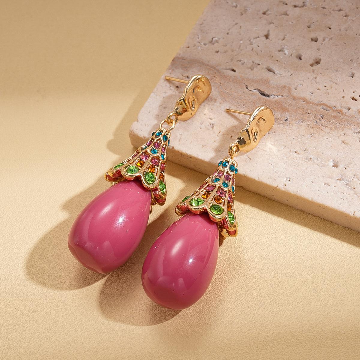 Diamond resin water drop-shaped colored silver needle earrings retro light luxury earrings