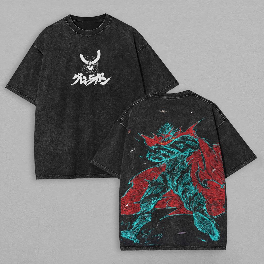 Tengen Toppa Gurren Lagann Fronte Retro Stampa Artistica Anime T-shirt Nera Lavata Oversize Cotone Casual Streetwear Maglietta Per Fan di Manga