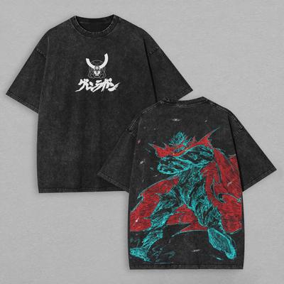 Tengen Toppa Gurren Lagann Przód Tył Anime Print Artystyczny Koszulka Czarna Znoszona Bawełniana Luźna Codzienna Streetwear Tee Dla Fanów Mangi
