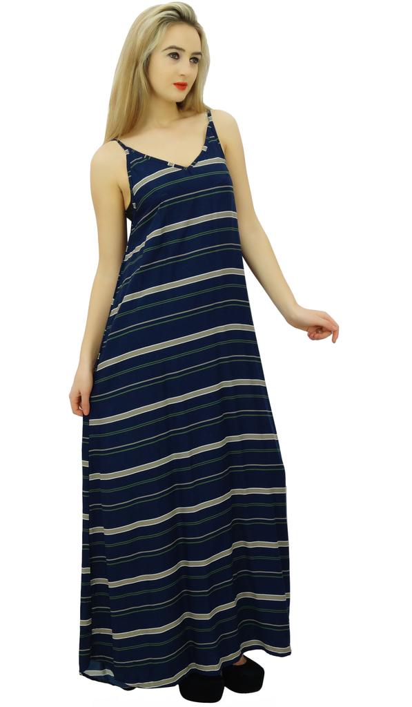 Bimba Women's Navy Blue V Neck Spaghetti Straps Maxi Dress Beach Wear
