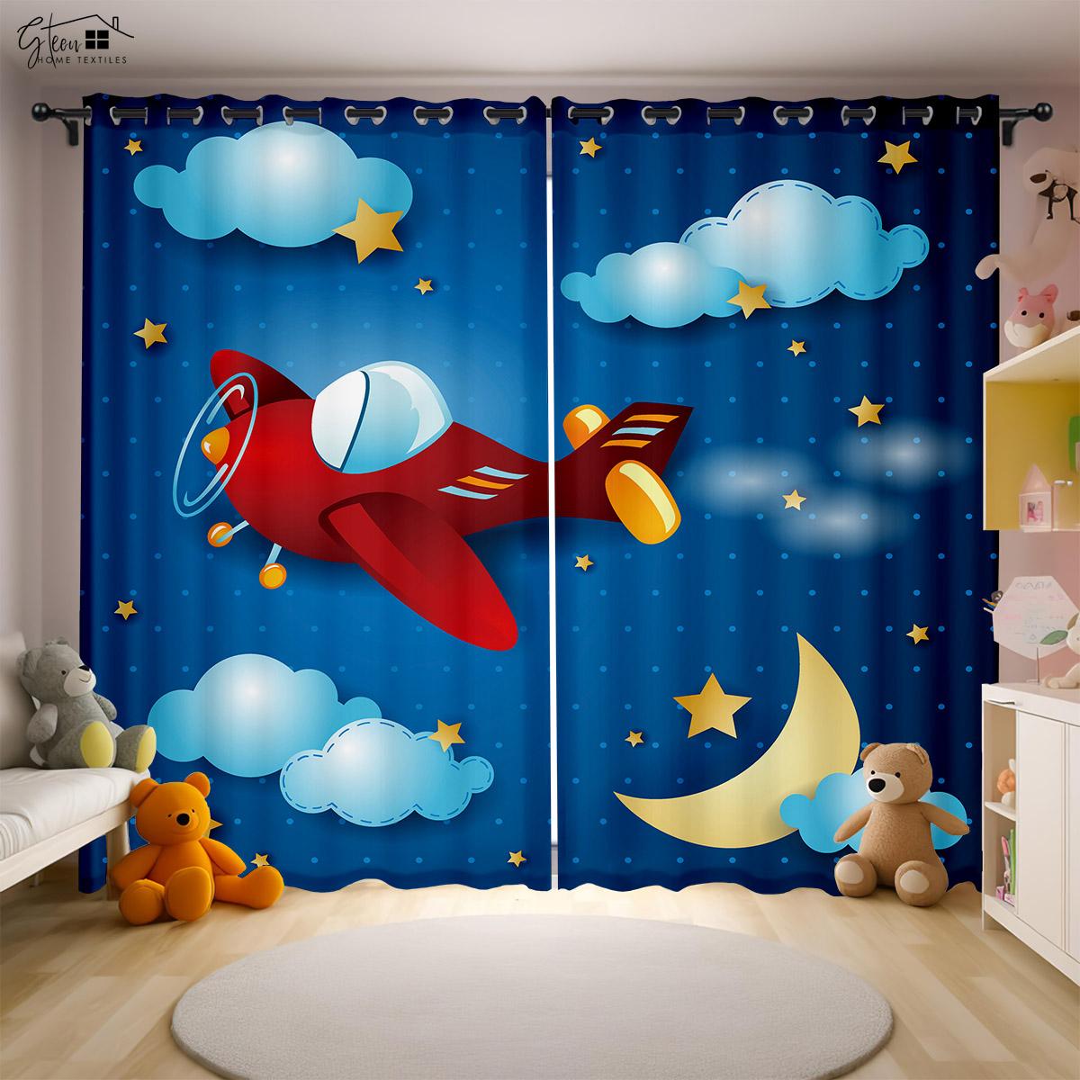 Cartoon Aerospace 3D Printing Drapes Astronaut Spaceman Spaceship Rocket Moon Planet Bedchamber Children   s SpaceDrapes W50xH130(CM)x2PCS&Rod pocket