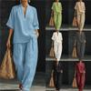 Women's Linen Two-Piece Set V-Neck Short Sleeve Blouse & Wide Leg Pants Casual Summer Outfit