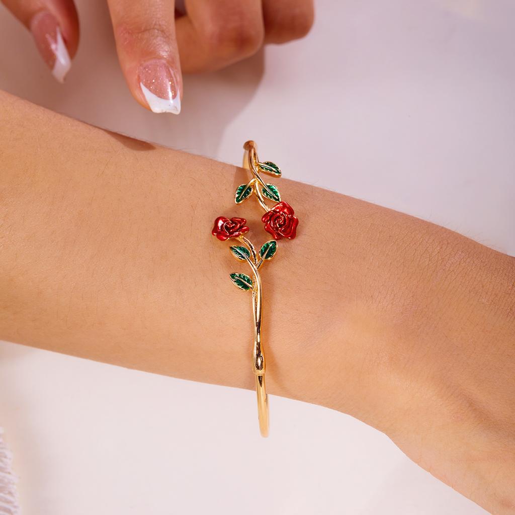 Retro Red Rose Flower Charm Bracelet Ring Set For Women Open Cuff Bangle Finger Ring Party Wedding Adjustable Jewelry Gift