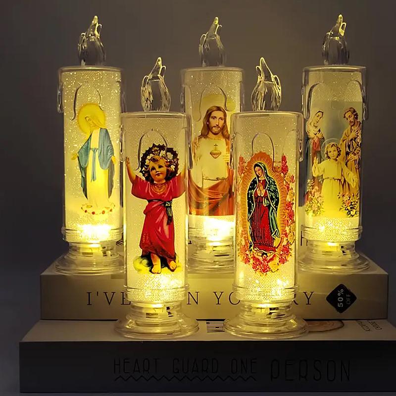 Flameless LED Prayer Candle with Jesus & Virgin Mary - Decorative Religious Night Light for Home Altar or Gift