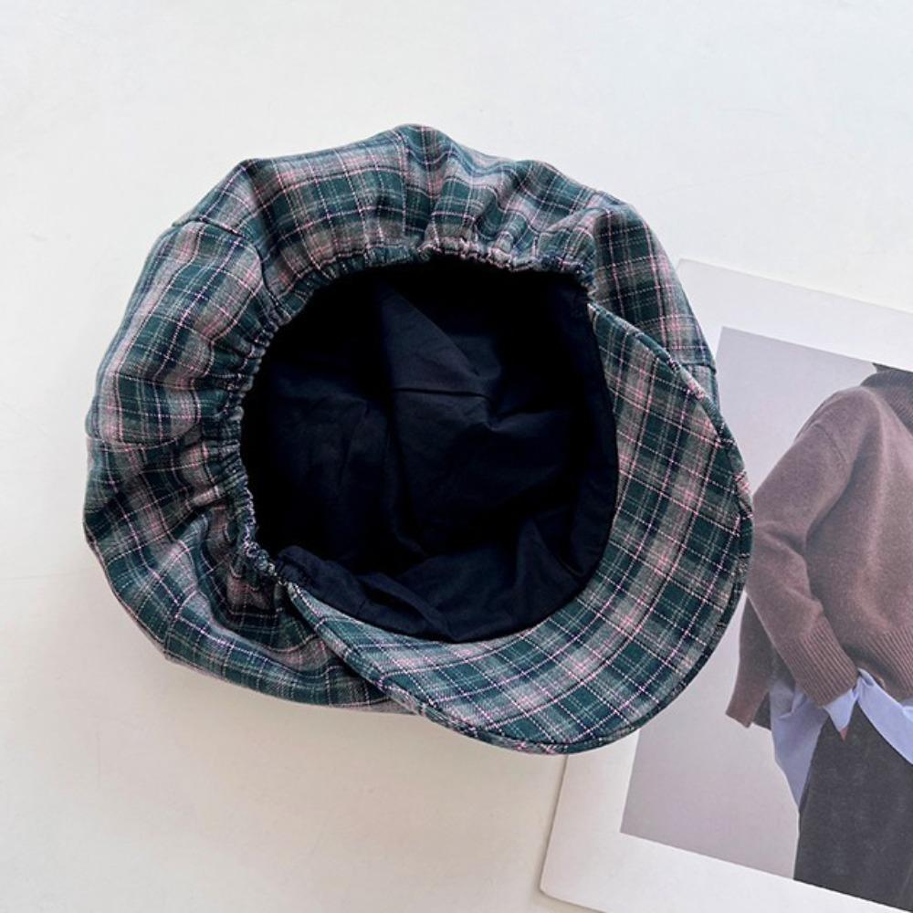 Cotton Grid Beret Cap Thin Women Octagonal Hat Casual Plaid Cloud Cap  Spring