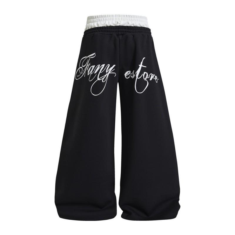 Mens Loose Wide-Leg Curved Pants Streetwear Letter Print Casual Trousers