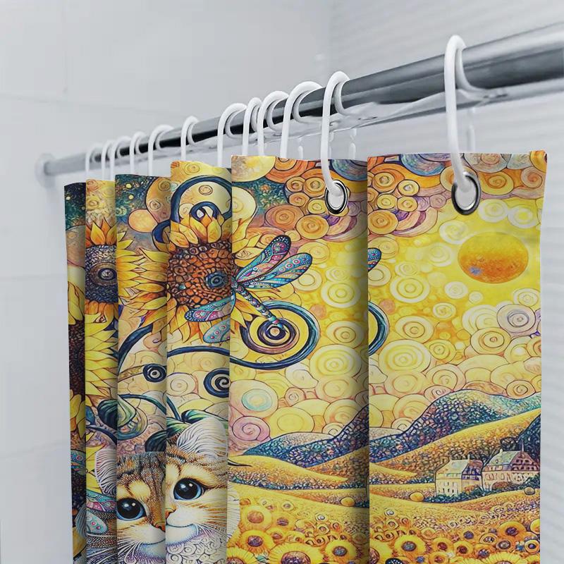 Colorful Sunflowers Cat Print Shower Curtain for Bathroom Decoration 3D High-Definition Printed Waterproof Fabric Available in V