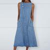 Round Neck Sleeveless Pockets Summer Dress Solid Color Women Midi Denim Dress