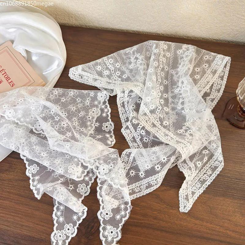 Summer White Woven Floral Lace Hair Scarf Wraps Women Retro Triangle Headscarf Hat Travel Photo Headband Hair Accessories