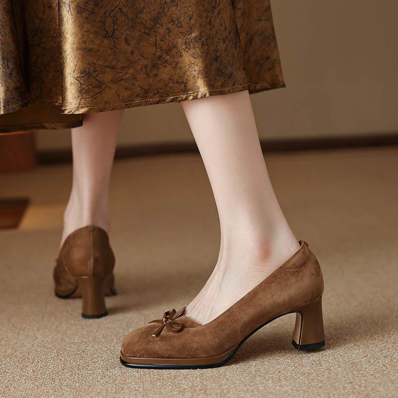 Krazing Pot Suede Round Toe Size 40 High Heels Slip On Platform Butterfly-knot Decoration Casual Autumn Shallow Pumps