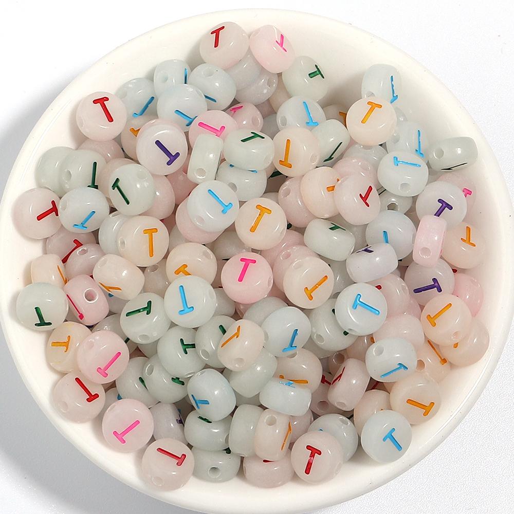 100Pcs/Lot 7mm Acrylic Luminous Beads Translucent Colorful Letter A-Z Flat Round Beads Diy Fashion Bracelet Necklace  Jewelry