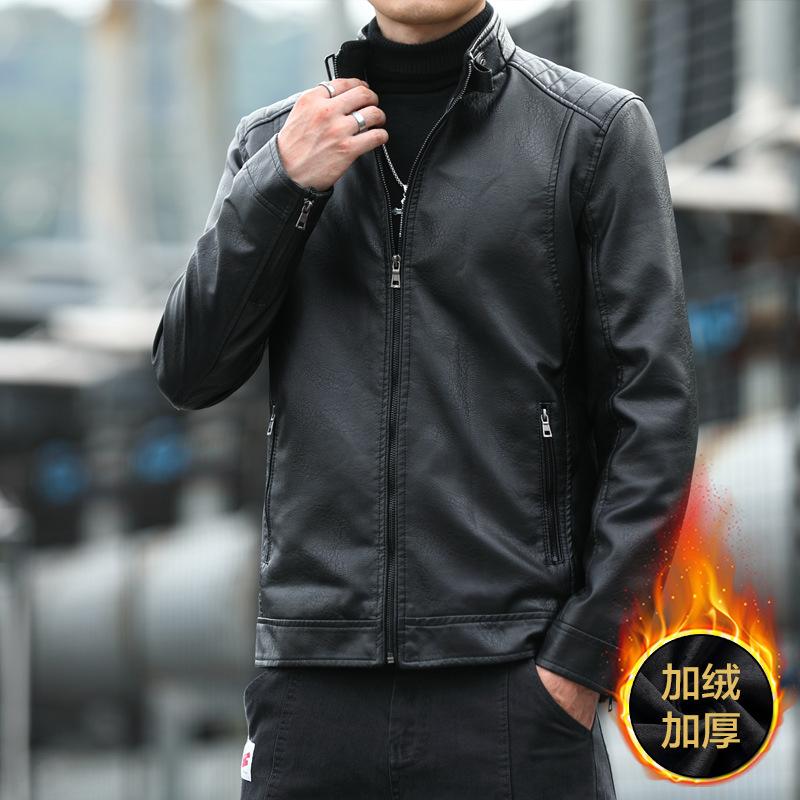 Leather Jacket Men's Trendy Autumn and Winter New Men's Korean Style Slim Stand Collar Casual Jacket Green PU Leather Jacket for Men