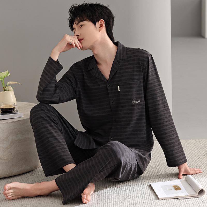 Pure Cotton Pajamas Men'S Loungewear Spring Suit Cardigan Long-Sleeved Plaid Can Be Worn Outside Spring And Autumn Styles