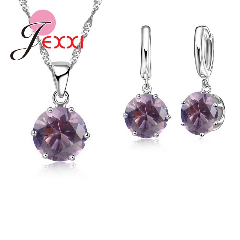 New Fashion 925 Silver Color Shiny Crystals Rhinestones Stones Woman Earring Necklace Jewelry Set 16 Colors