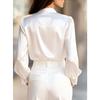 White Women's Shirt Spring and Autumn Lace V-neck Long Sleeve Loose Casual Satin Shirts Women Solid Color Single Breasted Simple Office Lady Blouse
