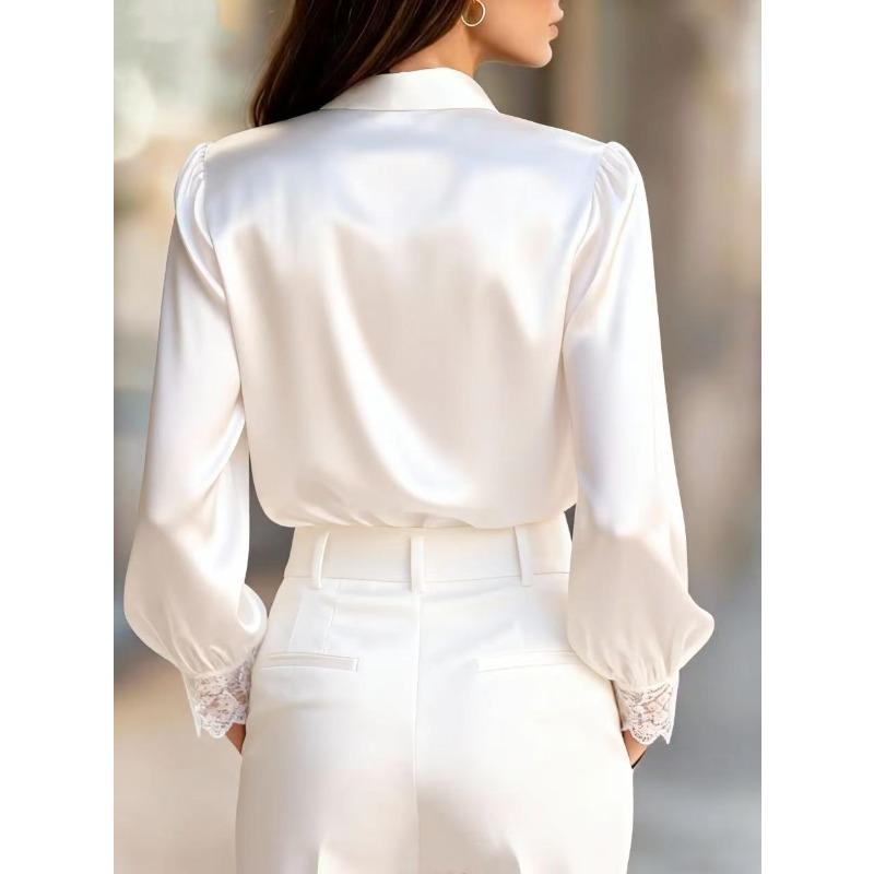 White Women's Shirt Spring and Autumn Lace V-neck Long Sleeve Loose Casual Satin Shirts Women Solid Color Single Breasted Simple Office Lady Blouse