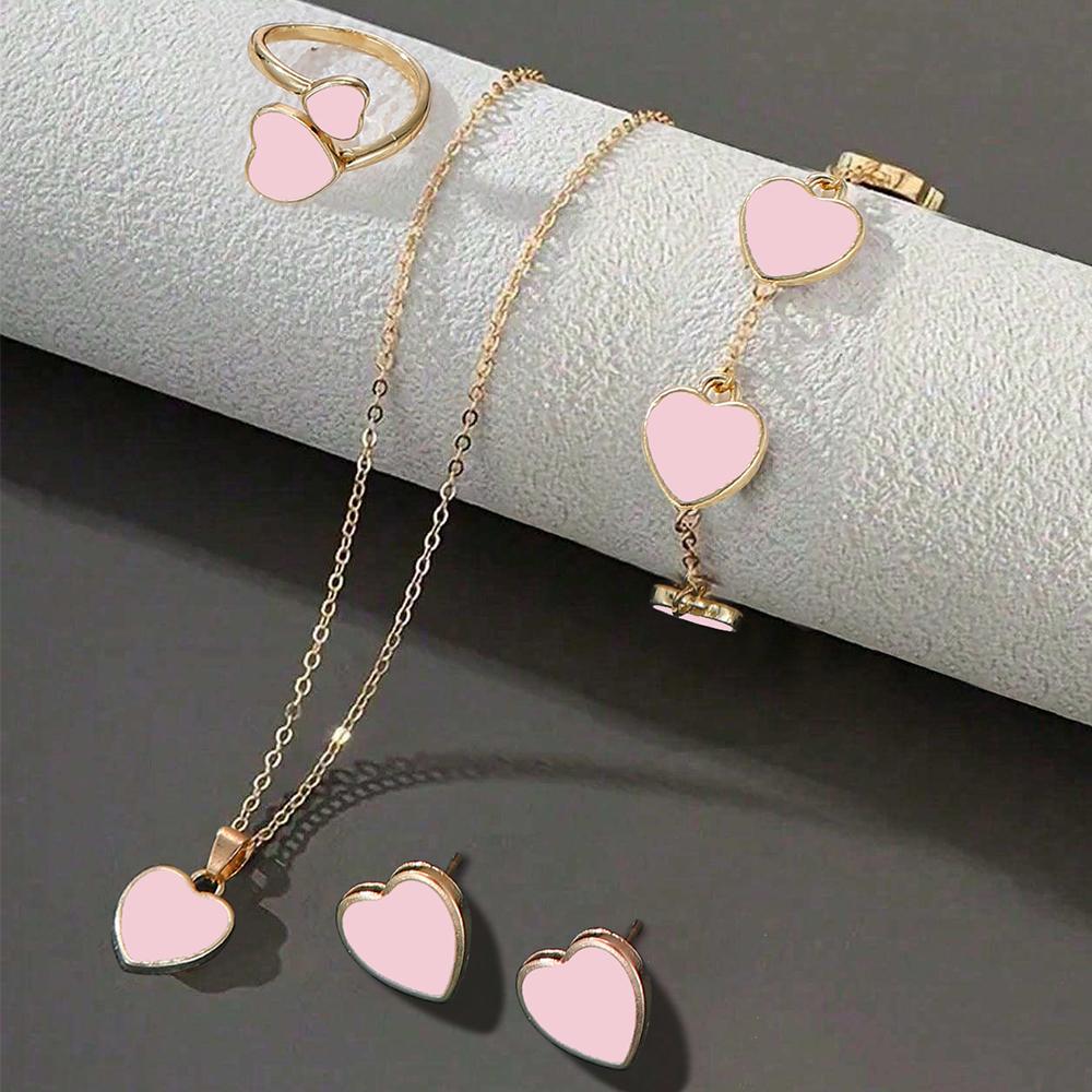 

5 шт. Женский цирконовый набор Модный и элегантный ожерелье в форме сердца, браслет, кольцо, серьги Цирконовый набор, подходит для повседневного сочетания