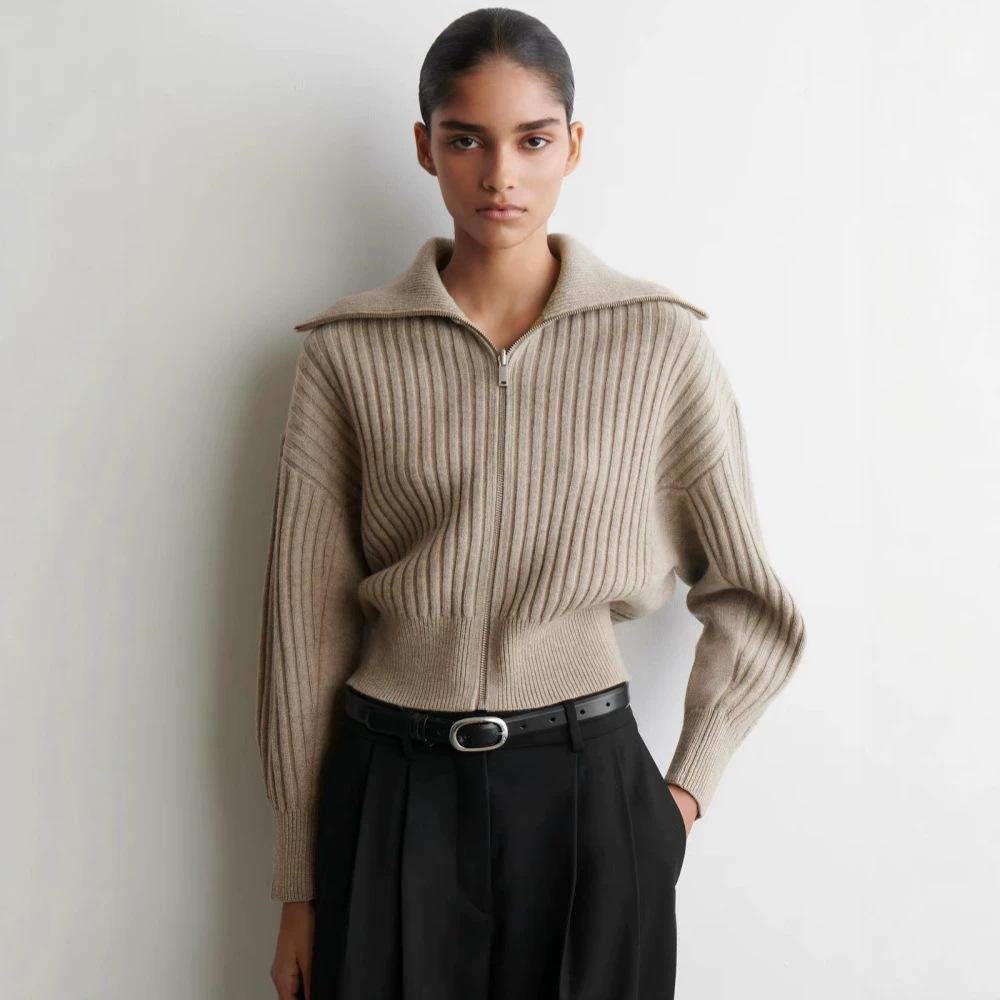 Women's 100% Wool Cardigan Sweater with Lapels and Double Zipper - Solid Color, Loose Fit, High Quality Outerwear