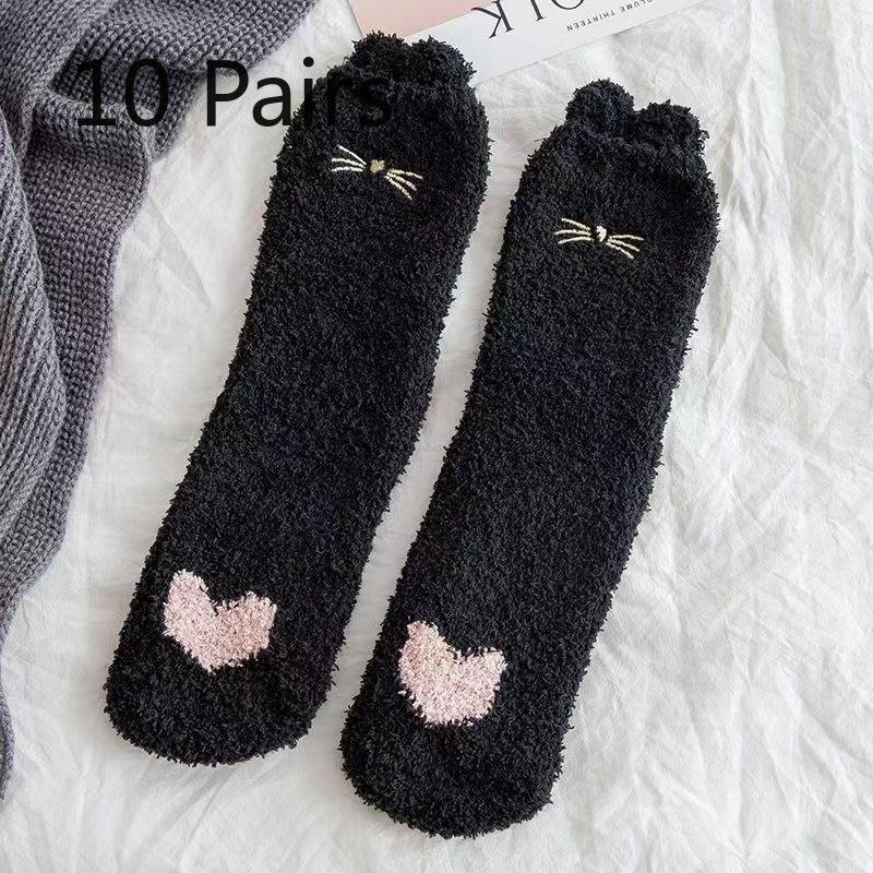 10 Pairs of Ladies Autumn Winter Thickened Warm Cat PAWS Stereo Small Ears Coral Wool Home Floor Socks