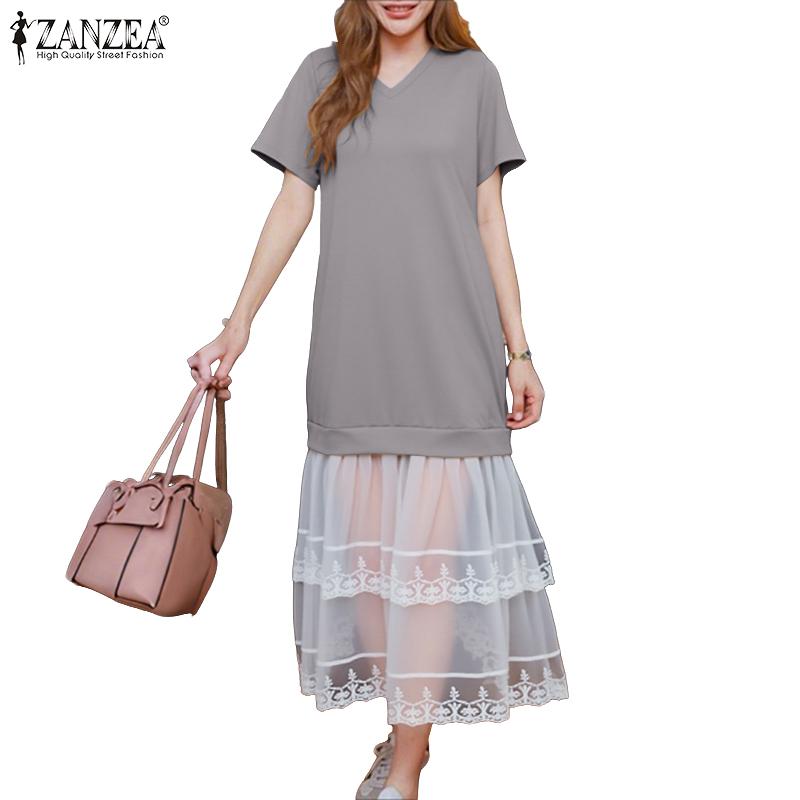 ZANZEA Women Casual Round Neck Short Sleeve Loose Patchwork Dress
