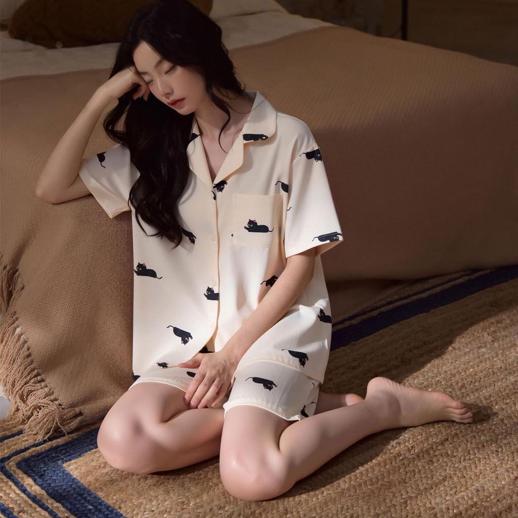 Women's Ice Silk Pajama Set, Short Sleeve Cat Design, Indoor/Outdoor Wear