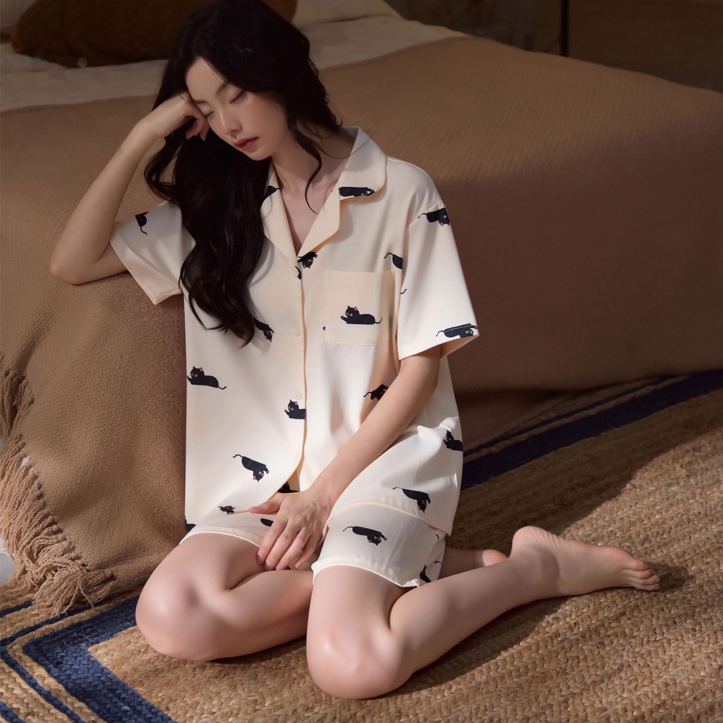 

Женский пижамный комплект из ледяного шелка, с коротким рукавом, дизайн с кошкой, для дома/улицы L