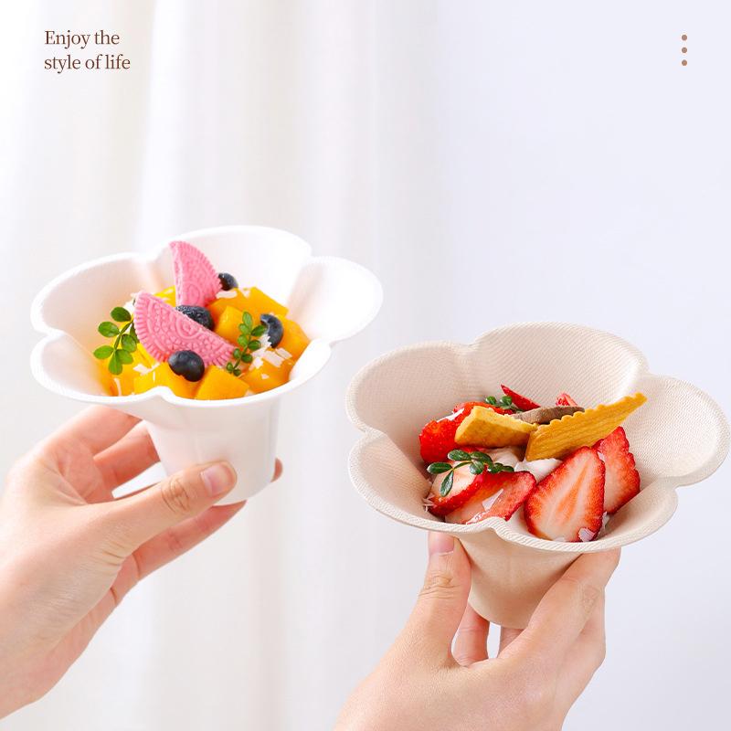 10Pcs Petal Shaped Disposable Paper Bowl Picnic Birthday Party Handheld Home Ice Cream Dessert Packing Cup Fruit Oat Yogurt Bowl