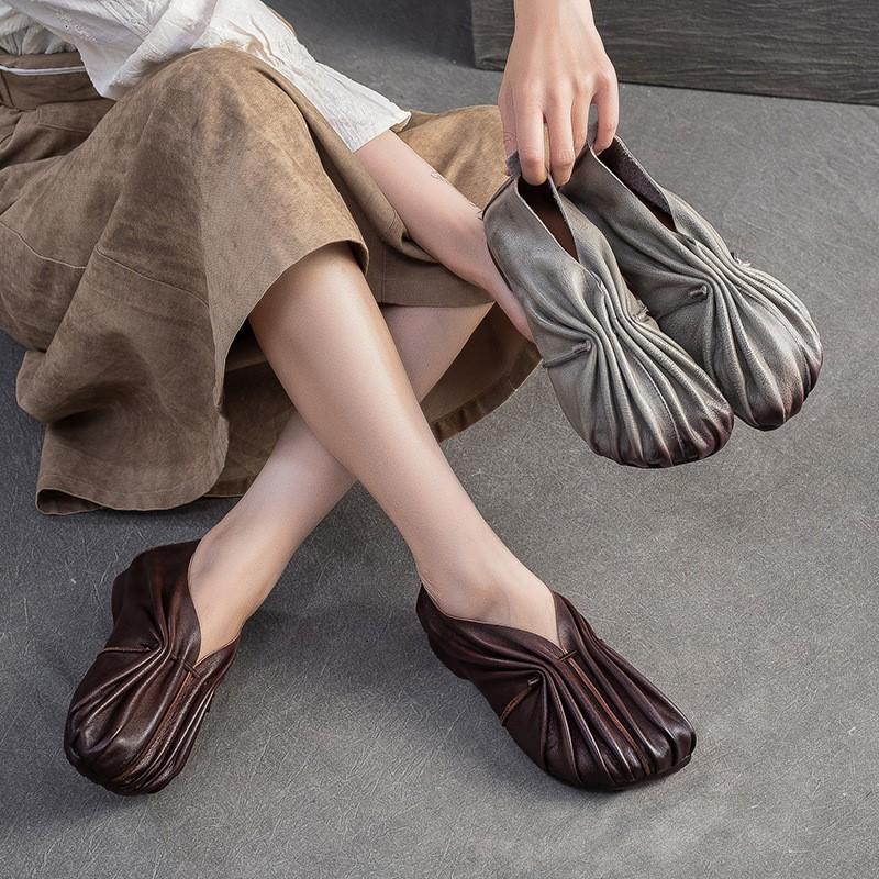 Johnature Retro Handmade Pleated Flats Genuine Leather Round Toe Soft Soled Lightweight Women's Slip-on Shoes