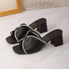 Strass Quadratische Zehenpartie Mittelhoher Absatz Hausschuhe Damen 2025 Sommer Neu Übergröße Blockabsatz Sandalen