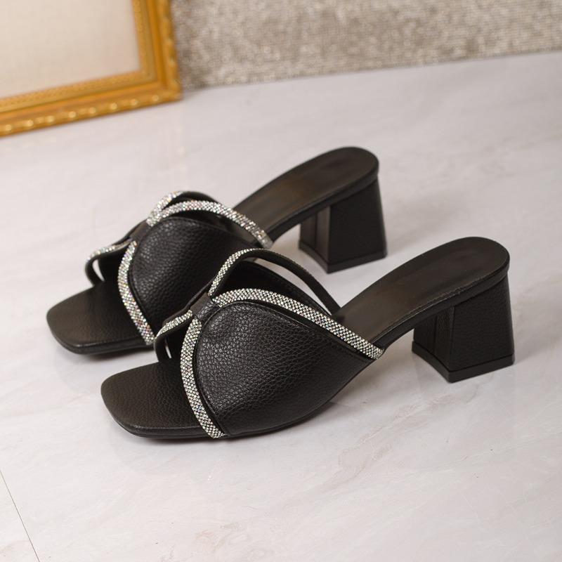 Rhinestone Square Toe Mid-heel Slippers Women's 2025 Summer New Plus-size Block-heeled Sandals