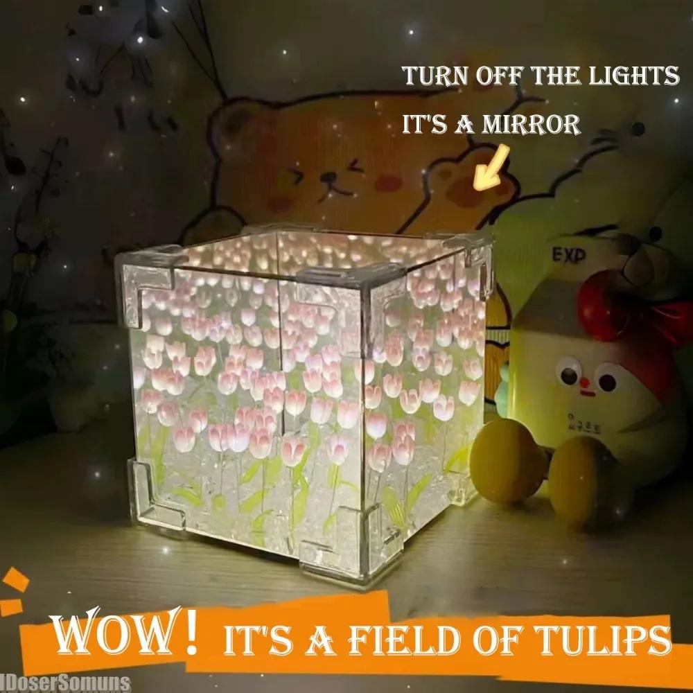 Handmade Tulip Nightlight DIY Material Cube Tulip Mirror Bedroom Decor Atmosphere Lamp Valentine's Day Birthday Gift