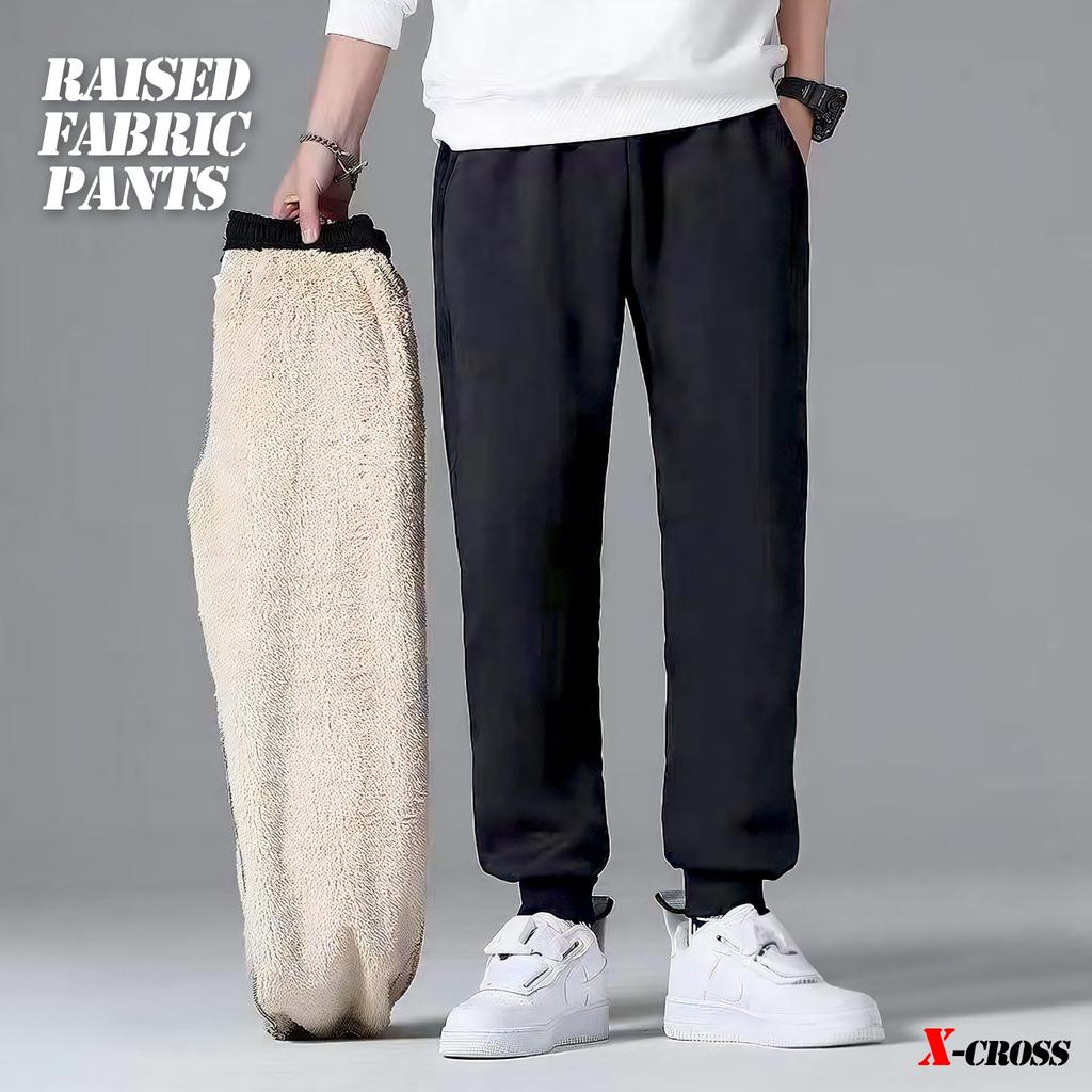 Easy Outdoor Elastic Fleece Warm Thermal Solid Winter Jogger Ribbed Brushed Black X-cross Men's Pants, Fall/Winter, Fleece-Lined, Black, Lightweight,