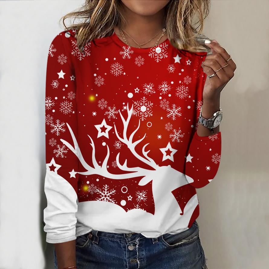 

Женский новый повседневный топ с круглым вырезом и длинным рукавом на осень-зиму 2025 года с 3D-рождественским узором. Идеальный подарок на Хэллоуин и Рождество. XS красный