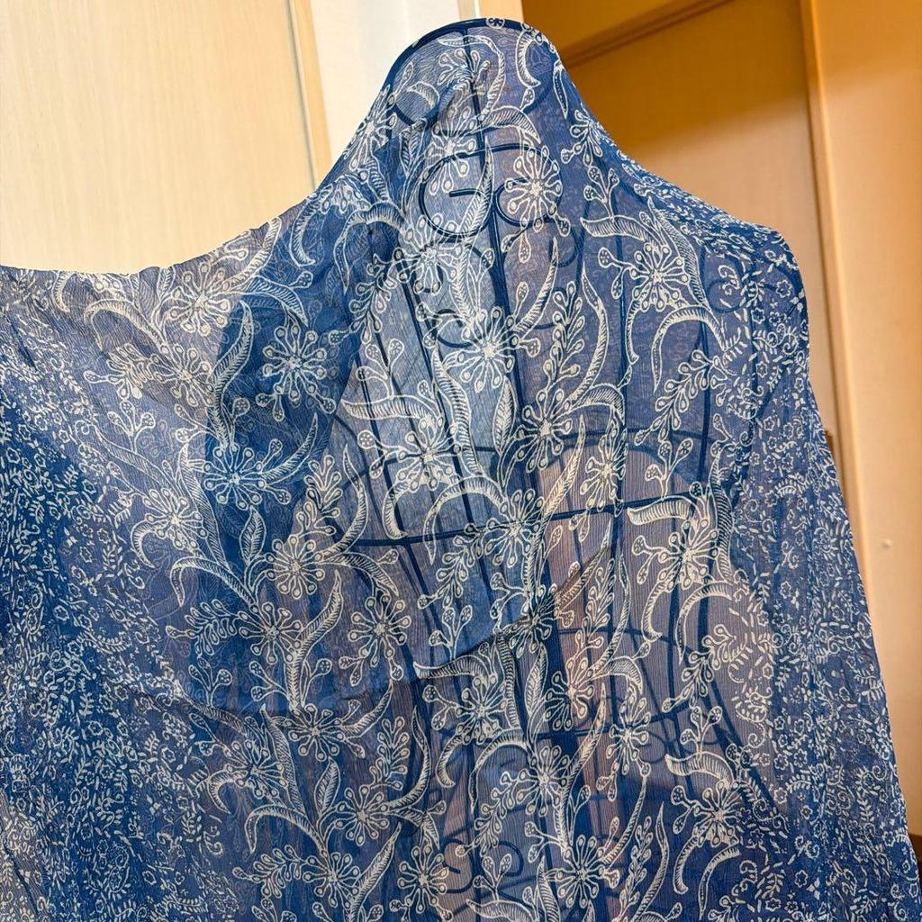 Used Blue floral and stripe pattern large stole with fringe
