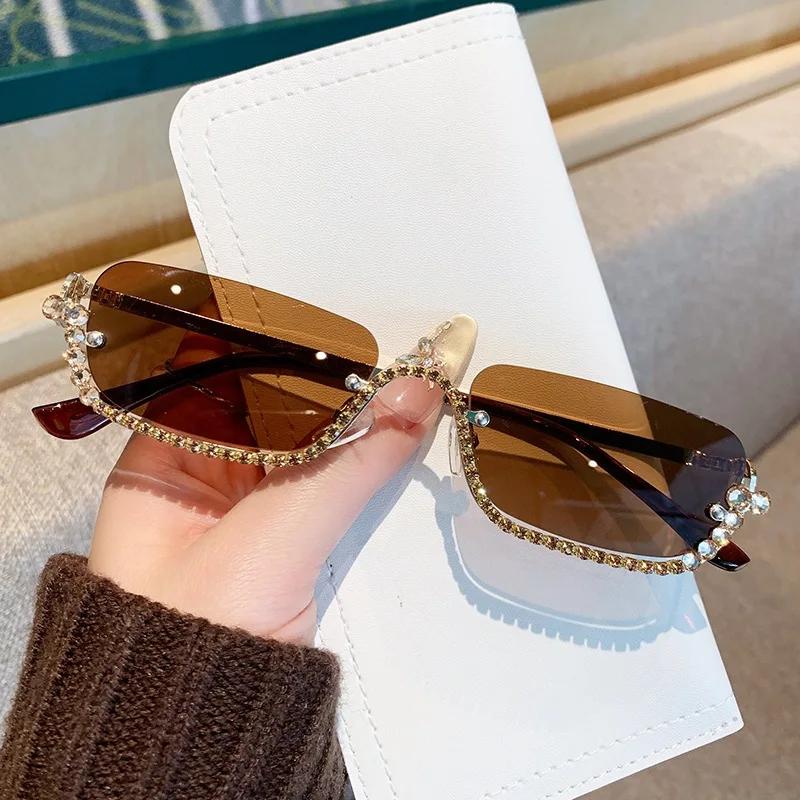 

y2k Vintage Half Rimless Sunglasses Women For Female Luxurious Brand Designer Sun Eyeglasses Punk Popular Diamond Metal Material Shades UV400