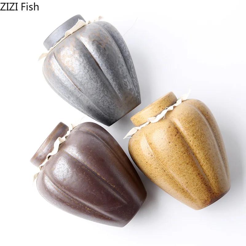 Retro Ceramic Tea Canister Sealed Storage Jars Coffee Table Desktop Glazed Rough Pottery Jar Travel Tea Can Candy Pots Tea Caddy