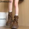 Fashion Thick Bottom Women Pipe Short Boots Punk Style Belt Buckle Slip On Shoes Autumn Winter Women's Motorcycle Booties