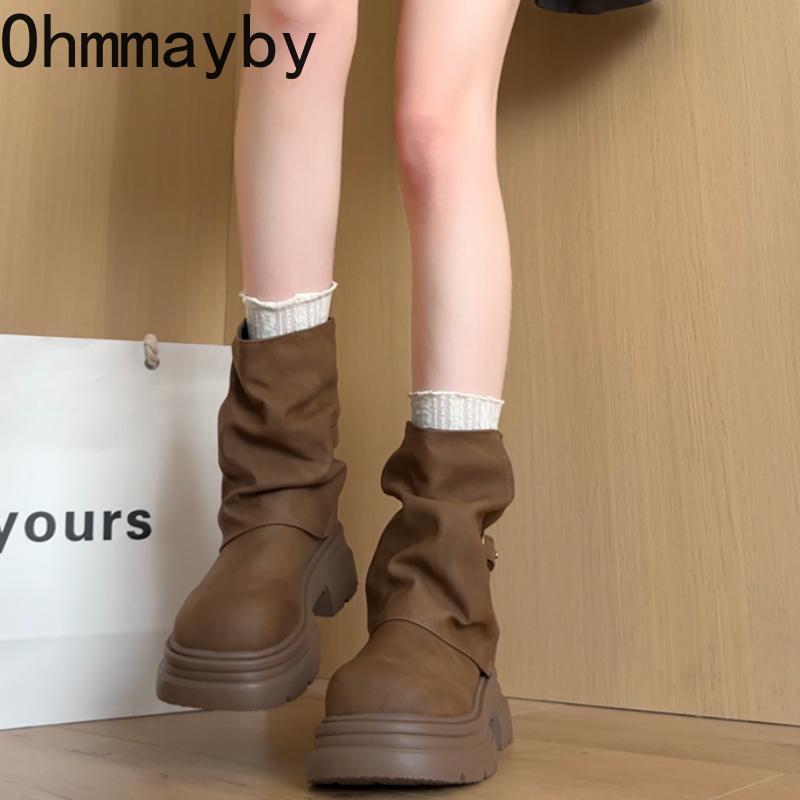 Fashion Thick Bottom Women Pipe Short Boots Punk Style Belt Buckle Slip On Shoes Autumn Winter Women's Motorcycle Booties