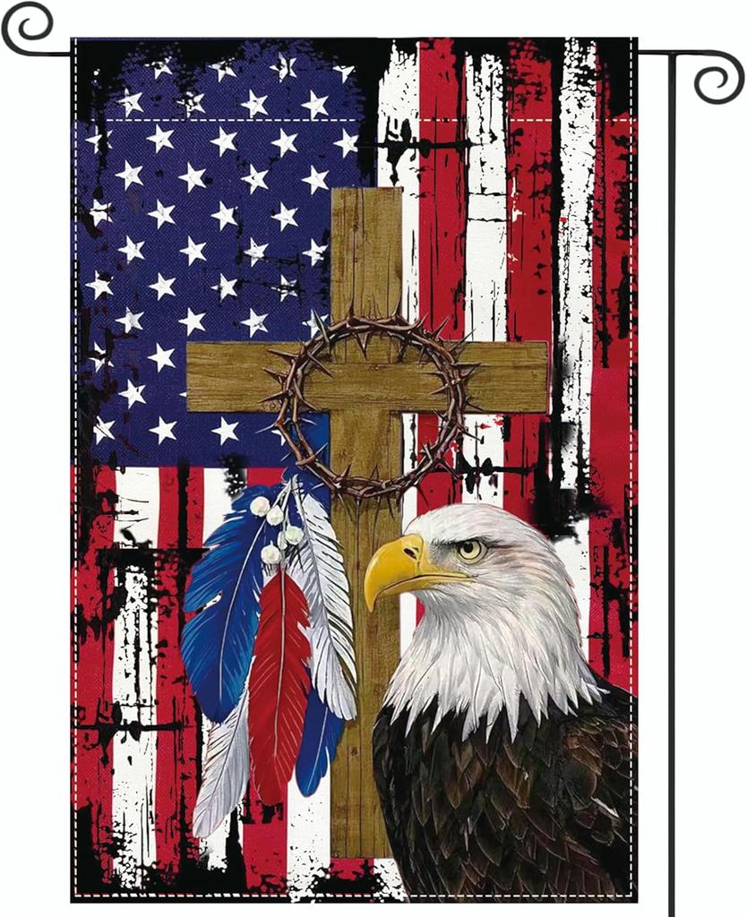 4th of July Garden ag 12x18 Inch,Patriotic Stars and Stripes Eagle Wreath Outdoor Summer Garden ag Double Sided Outside SSL