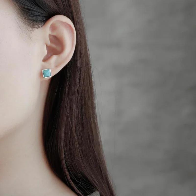 Designer Neue Original Retro Chinesische Intarsien Türkis Quadrat Ohrstecker für Frauen Exquisite Kleine Einfache Damen Schmuck