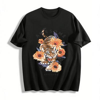 Awesome Attitude Tiger & Sunflower Graphic Casual Tee Pure Cotton T-shirt