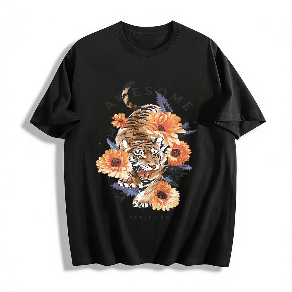 Awesome Attitude Tiger & Sunflower Graphic Casual Tee Pure cotton T-shirt XXS