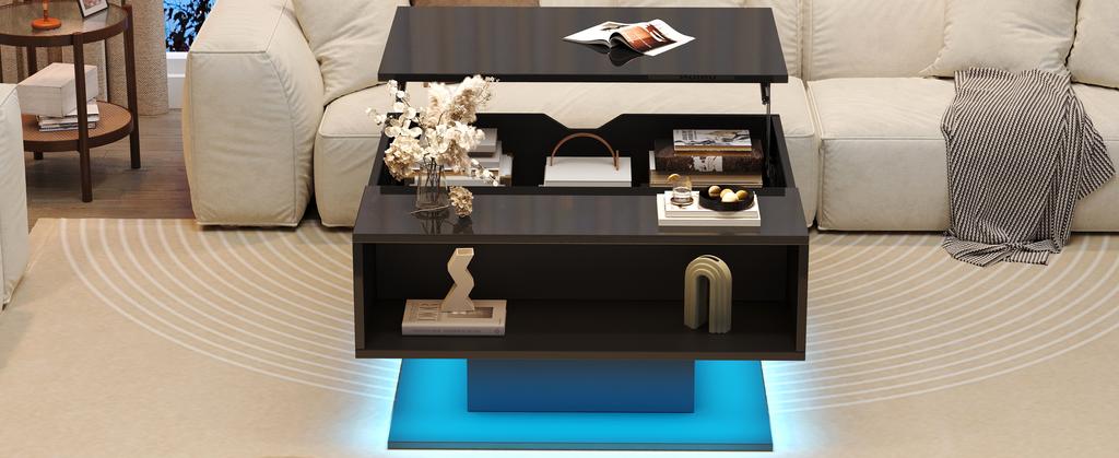 Mesa de Centro 80*75*40cm com Elevação Hidráulica, Mesa de Sofá de Alto Brilho, Mesa de Sala de Estar com Armazenamento, Mesa Lateral Ergonômica para Sala de Estar, Preta