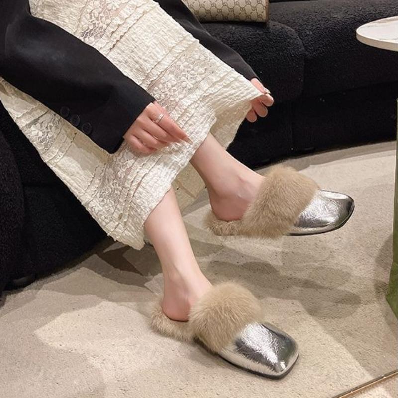 Women's Flat Slippers Autumn Winter Fashion Outdoor Warm Non Slip Plush Shoes Lightweight Comfortable Casual Half Slippers