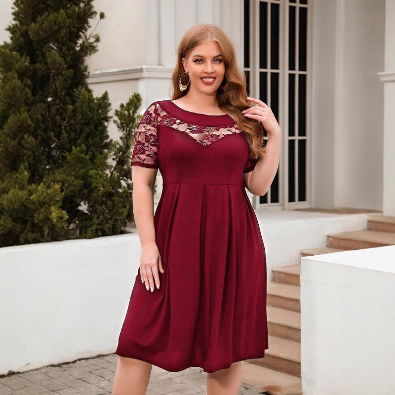 

Повседневное свободное платье для отпуска и поездок на работу из полого кружева размера плюс 4XL бордовый