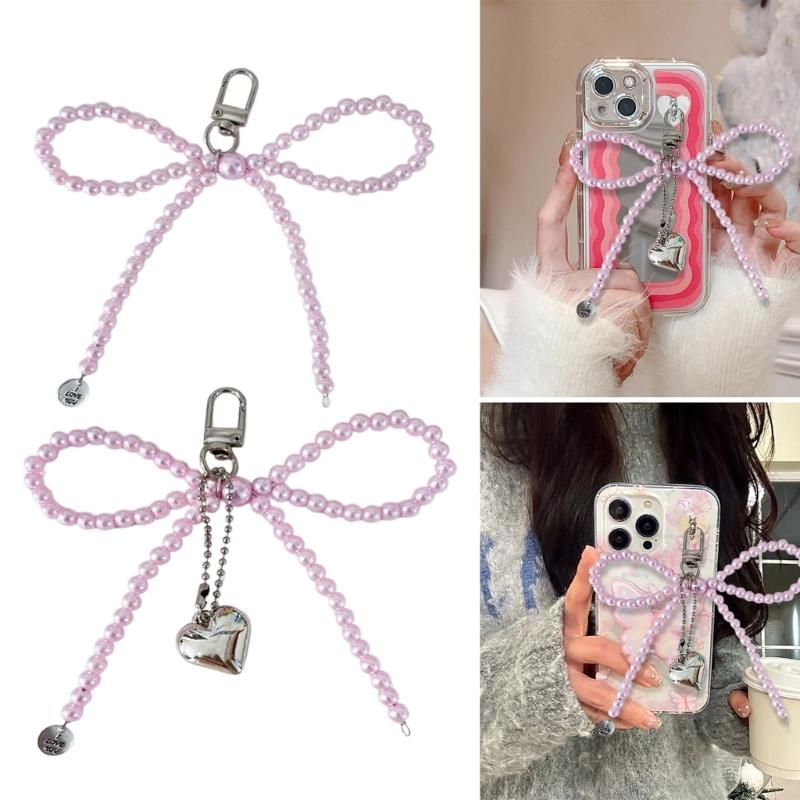 Sweet Pearls Bowknot Keychain Charm Pendant Handmade Heart Keyring for Women Fashionable Backpack Jewelry Ornament