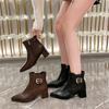 Autumn and winter new short boots women's pointed thick heel belt buckle short boots medium heel elastic short boots