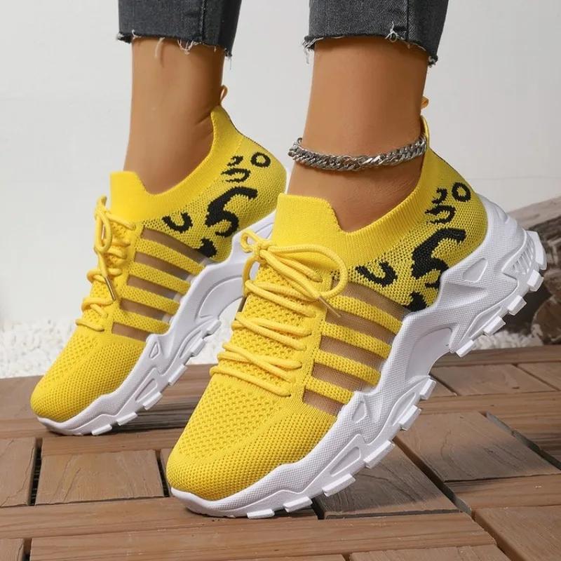 

Fashion Platform Sneakers Thick Sole Breathable White Sports Shoes Women Sneakers Mesh Lace-up Fashion Outdoors Walking Shoes 36 жёлтый