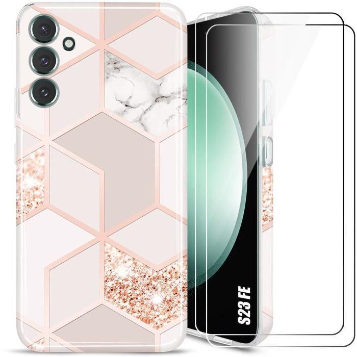 Coque de protection - BOOLING - pour Samsung Galaxy S23 FE - Motif Marbre Rose - Silicone - 2 Verres Trempés