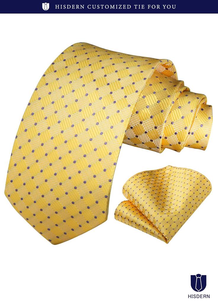 [HISDERN] Men's Business Tie, Silk, Washable, Yellow, Polka Dot Pattern, Stylish, for Weddings, Job Hunting, Entrance Ceremonies, Graduation